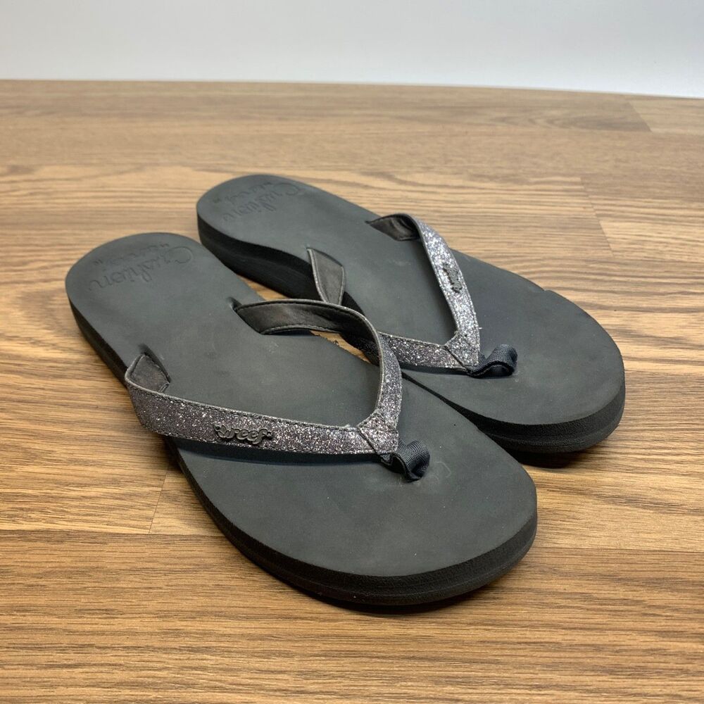 Reef Cushion Women's Stargazer Sparkle Black Thong Flip Flops Sandals Size 10